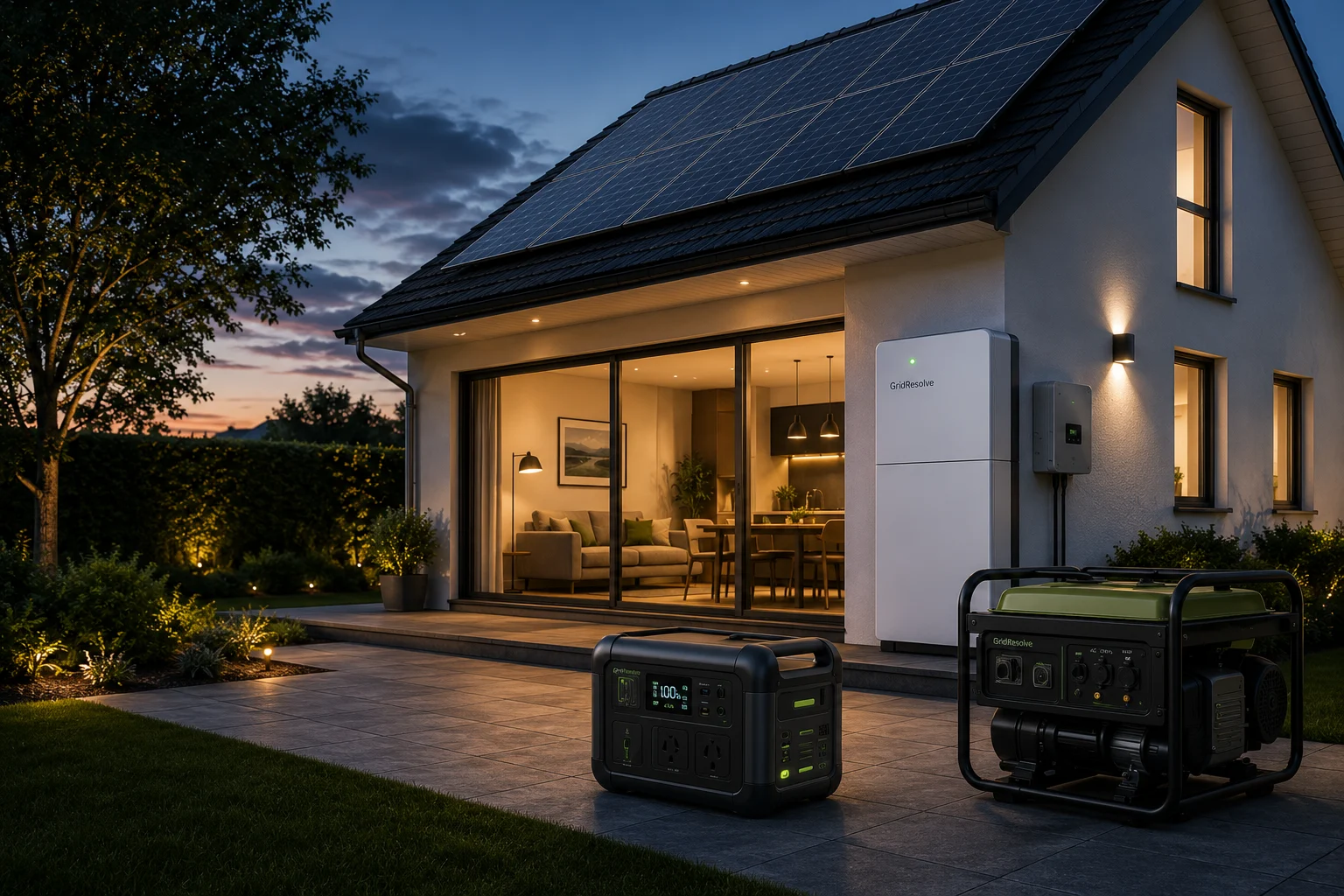 Modern home with solar panels, battery storage, portable power station and backup generator