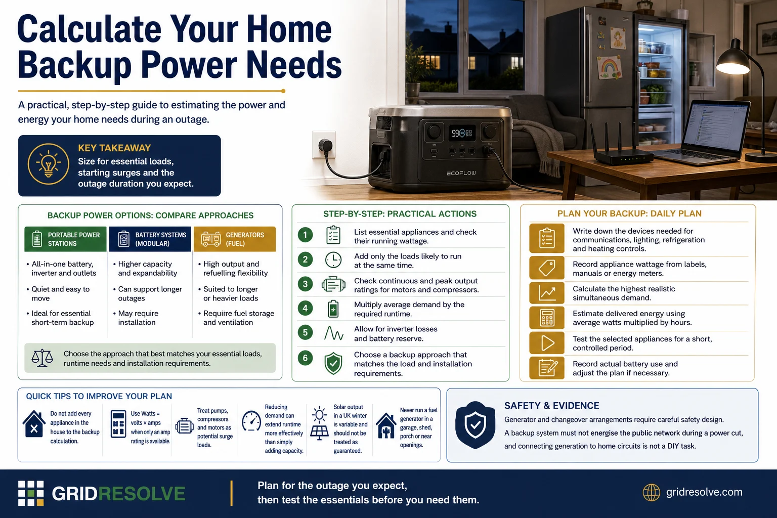 How to calculate home backup power — Infographic explaining how to calculate home backup power using essential loads, starting surges and battery capacity