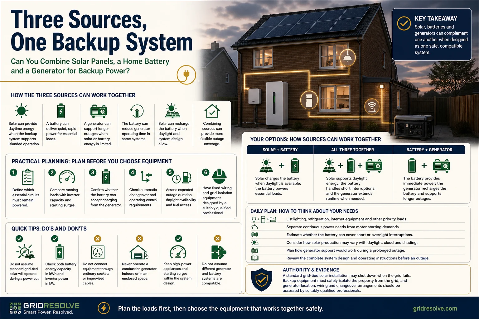 Infographic showing how solar panels, a home battery and a generator can work together during a power cut
