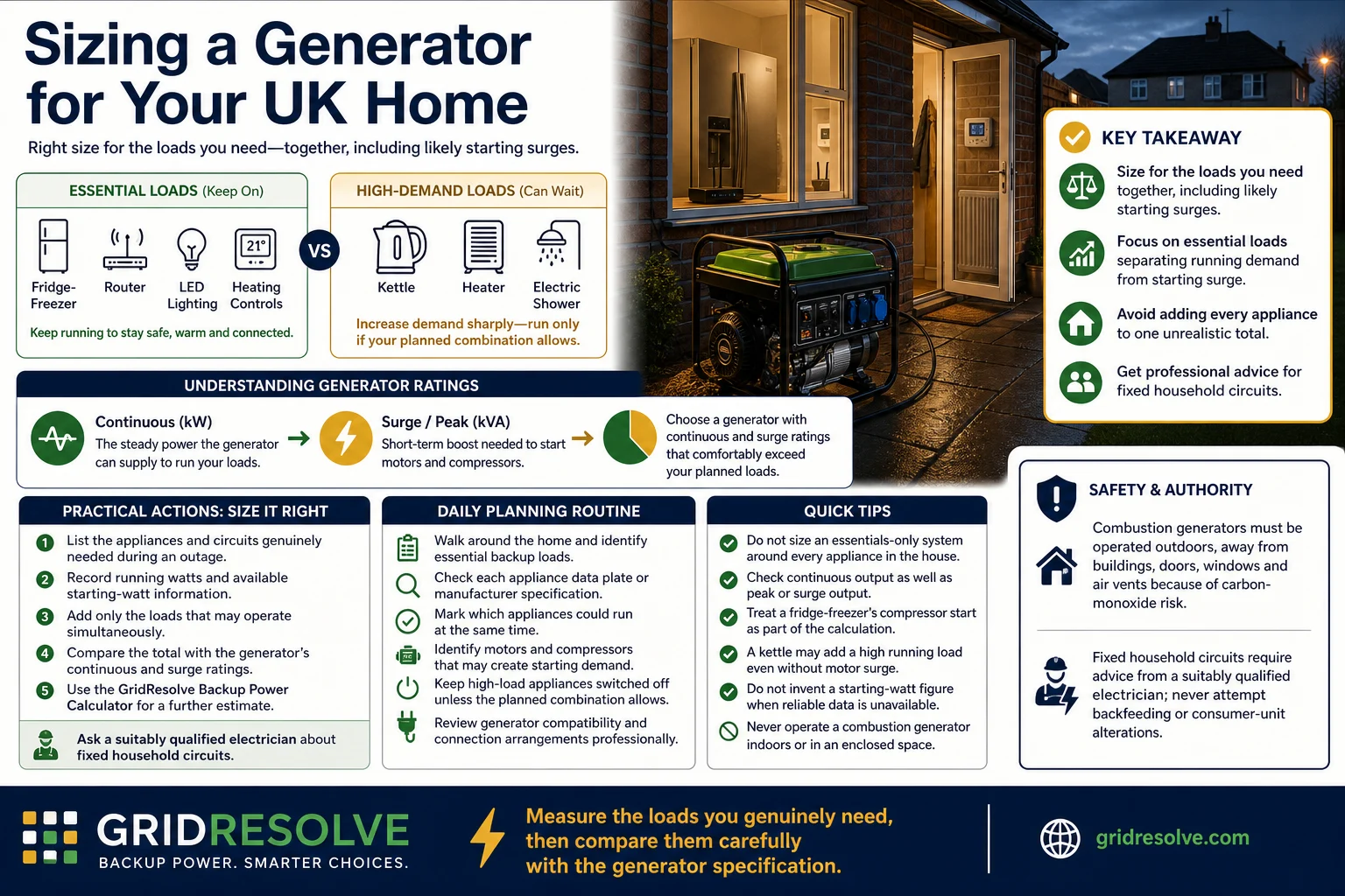 Infographic showing how to size a generator for essential household loads during a UK power cut
