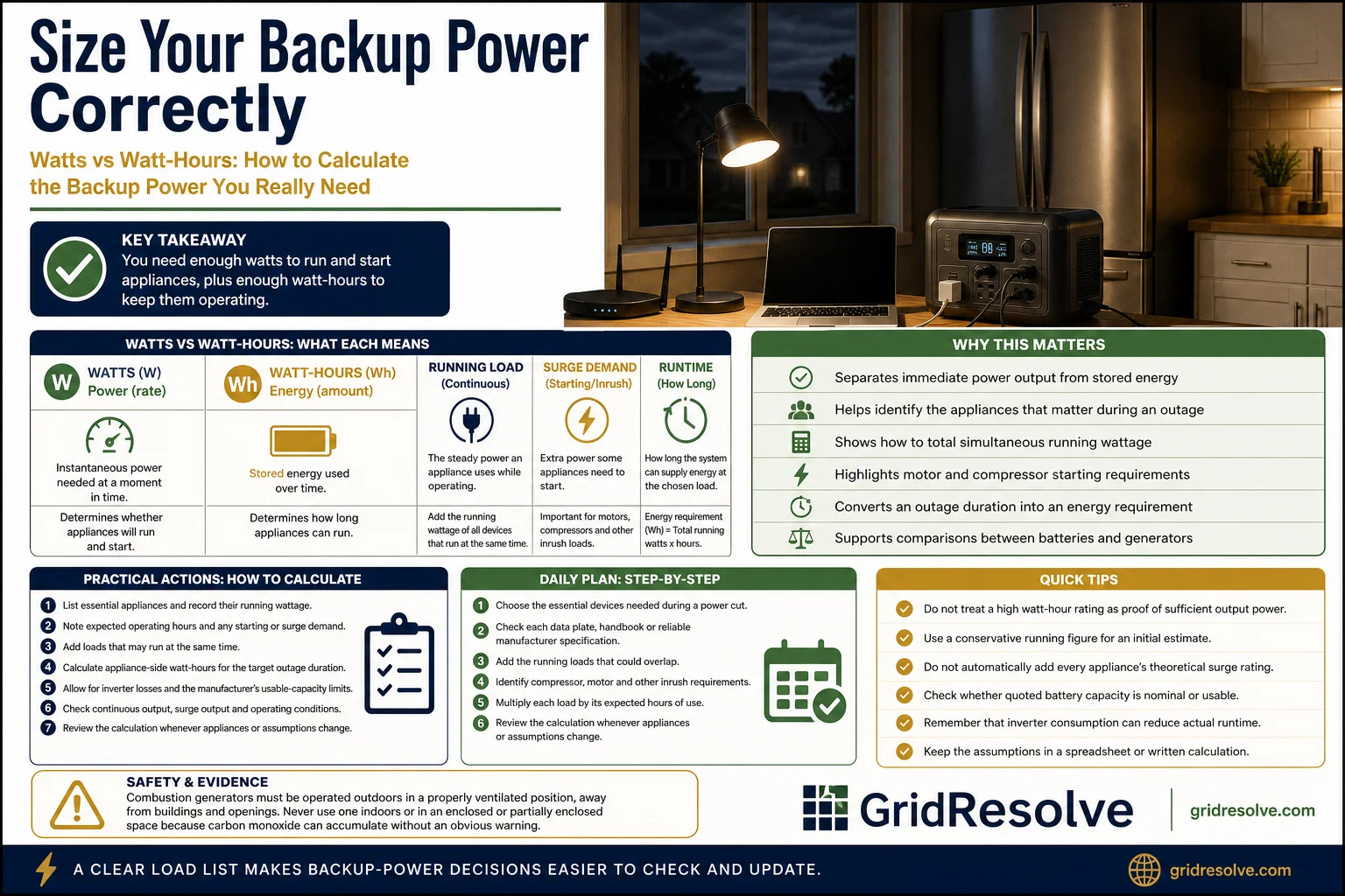 Infographic explaining watts, watt-hours, running load, surge power and backup energy calculations