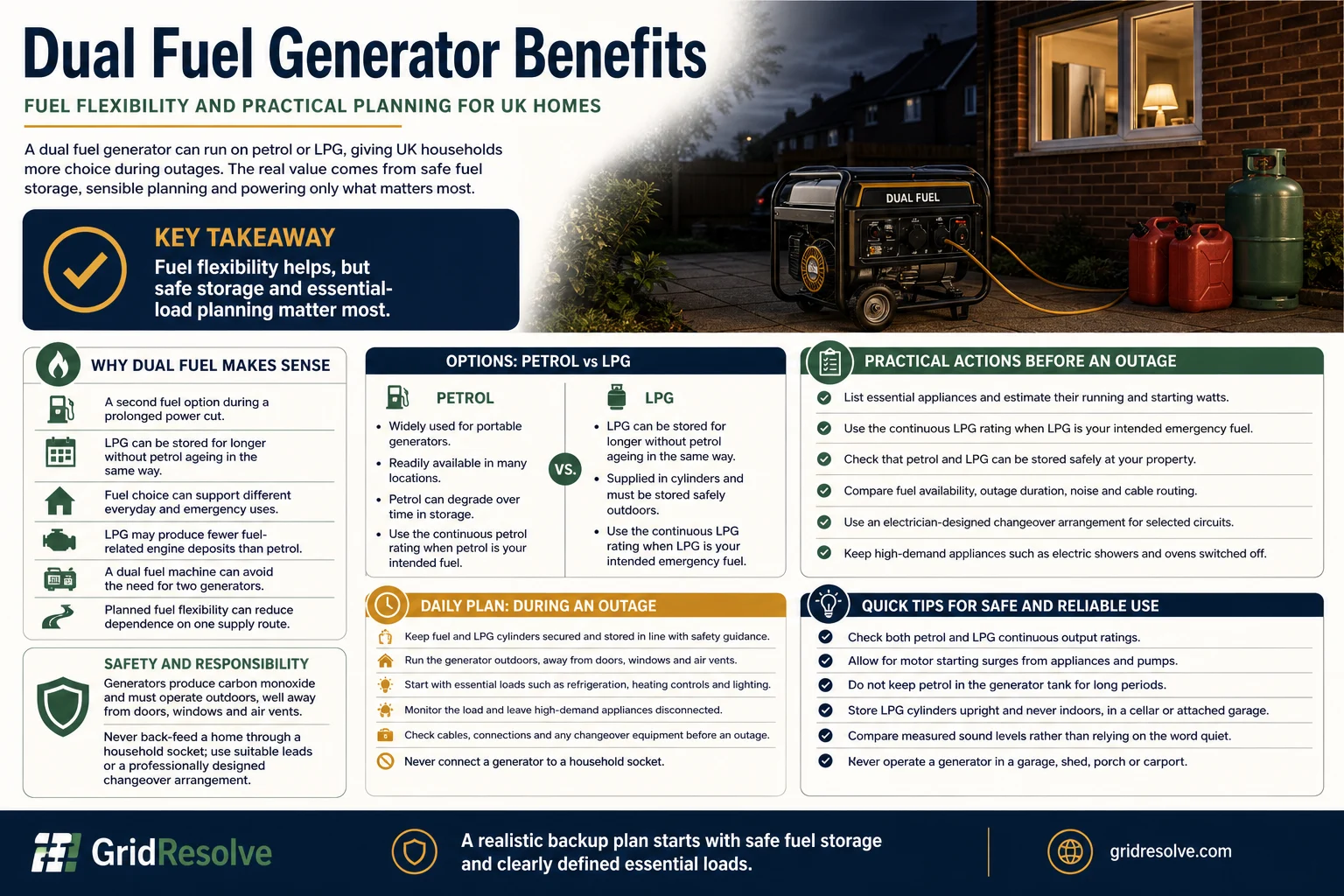 dual fuel generator benefits — Infographic explaining dual fuel generator benefits, fuel flexibility, essential loads and safe outdoor operation for UK homes